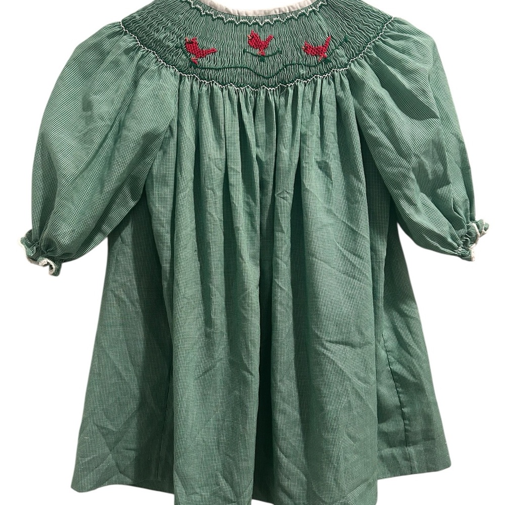 Green White Smocked Kids Dress with Embroidery Featuring Red Cardinals